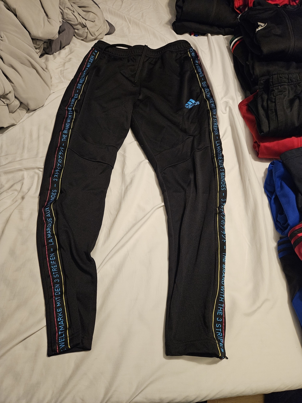 adidas Black Joggers with Blue Logo and Multicolor Side Tape